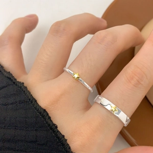 Minimalist S925 sterling silver star ring set featuring a thin band and wide adjustable ring