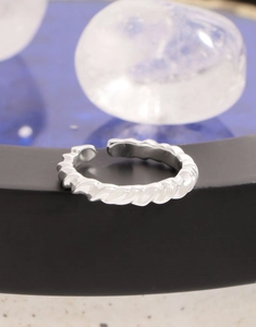 Detailed macro shot of an adjustable twisted silver ring with a high-polished finish