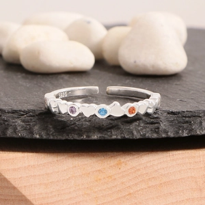 Rainbow heart S925 sterling silver open ring with colorful round cubic zirconia stones