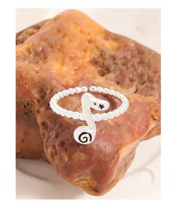 Macro shot of S925 sterling silver musical note ring with bead band on mineral rock