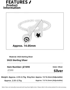 Detail showing S925 sterling silver music note ring dimensions and adjustable opening