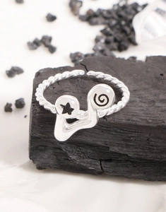 Detail of S925 silver music note open ring with star and spiral engraved discs