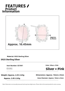 Technical drawing and dimensions of S925 sterling silver pink crystal stud earrings