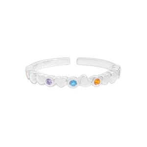 Rainbow cubic zirconia heart ring in 925 sterling silver with adjustable open band style