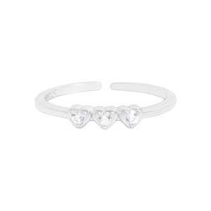 Minimalist S925 sterling silver open ring with three sparkling heart-shaped zircon stones