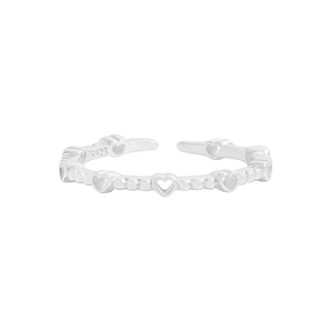 S925 sterling silver open ring featuring hollow hearts and round beads on white background