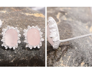 Detailed close-up of S925 sterling silver stamp and pink quartz oval stud earring