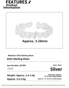 Detailed size specifications for the S925 sterling silver irregular heart open ring