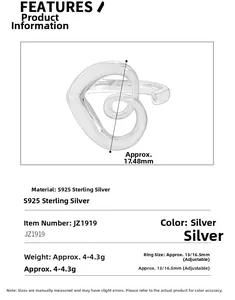Detailed size specifications for S925 sterling silver hollow heart adjustable open ring