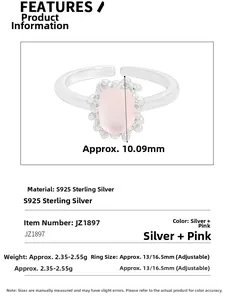 Detail specifications for S925 sterling silver ring with adjustable pink gemstone band