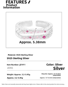 Detailed size specifications of S925 sterling silver ring with pink zircon stones