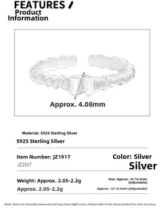 Detailed specs of S925 sterling silver wavy ring with width 4.08mm and 16.5mm size