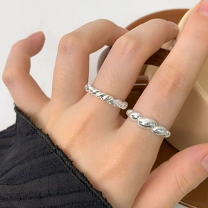 Irregular twisted rope and beaded stackable S925 sterling silver rings set for women