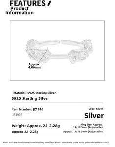 Detail showing S925 sterling silver flower ring dimensions, weight, and 4.06mm band width