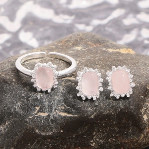 S925 sterling silver jewelry set featuring pink rose quartz ring and geometric stud earrings