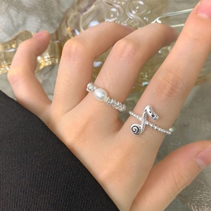 S925 sterling silver musical note charm ring with pearl and beaded band detail