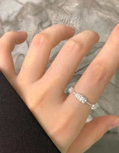 Detailed close-up of S925 sterling silver ring with five unique irregular relief floral motifs