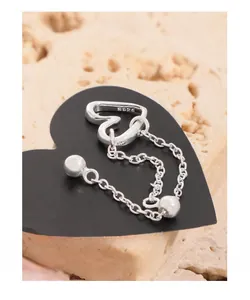 Detail view of S925 sterling silver heart ring with adjustable chain and beads