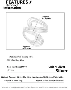 Détails de la bague ajustable en argent sterling S925 montrant les dimensions et le poids