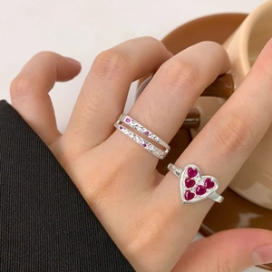 Double-layered S925 silver ring with pink cubic zirconia and red heart-shaped gemstone