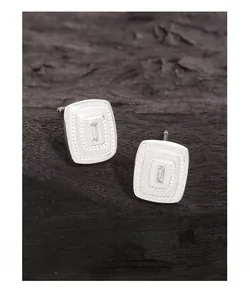 Detail view of rectangular S925 silver stud earring with white enamel and zircon inlay