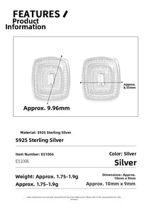 Macro shot of S925 sterling silver square stud earrings featuring rectangle zircon inlays