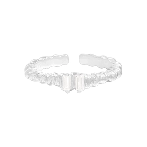 Irregular textured S925 sterling silver open ring with dual rectangular zircon stones