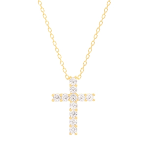 Collier croix en argent S925 doré avec zircons étincelants sur fond blanc épuré