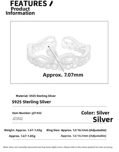 Macro montrant la largeur de 7,07 mm et l'ouverture ajustable de la bague en argent 925