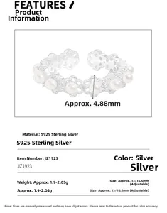 Detail view showing S925 sterling silver ring width of 4.88mm with white shell pearls