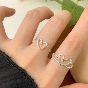 Minimalist S925 sterling silver heart ring set with chain and open adjustable design