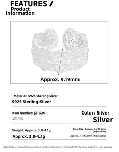 Detailed view of S925 sterling silver lace ring with cubic zirconia and adjustable band
