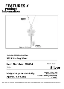 Detail of S925 silver shell key necklace with 55cm+5cm chain dimensions and weight info