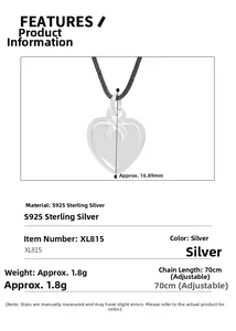 Detailed technical drawing of S925 sterling silver heart pendant with size dimensions