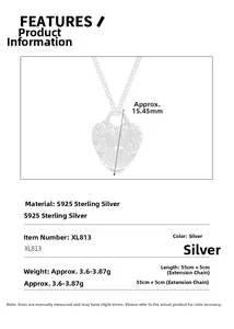 Detailed specs of the heart shell S925 sterling silver pendant necklace on white background