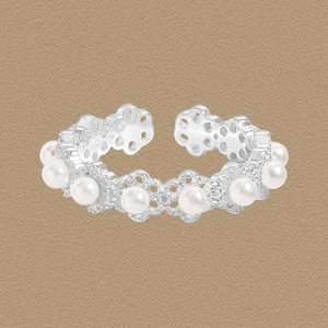S925 Sterling Silver Artificial Pearl Ring Lace Flower Hollow Adjustable Opening Ring Vintage French Style Jewelry For Women Accessory