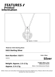 Detailed S925 sterling silver heart necklace specs with zircon stone measurements