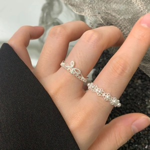 Ensemble de bagues en argent S925 avec nœud en dentelle et perles blanches