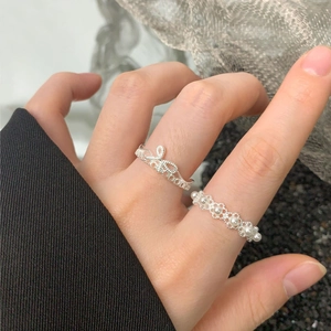S925 sterling silver lace flower and pearl ring set with minimalist bow design
