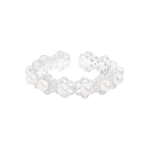 Elegant S925 sterling silver lace flower open ring with white pearls on a clean white background