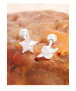 Macro shot of S925 sterling silver star and planet screw back stud earrings on stone