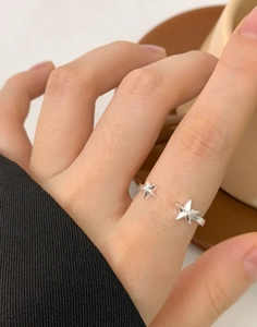 Detailed view of an adjustable S925 sterling silver ring with asymmetric twin star design
