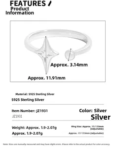 S925 sterling silver adjustable ring featuring starburst design with zircon inlay and dimensions