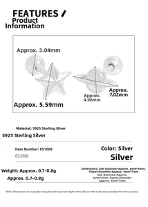 Detailed size parameters for S925 sterling silver star and planet screw back earrings