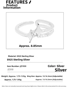 Vue détaillée de la bague double couche en argent S925 avec étoiles et oxydes de zirconium