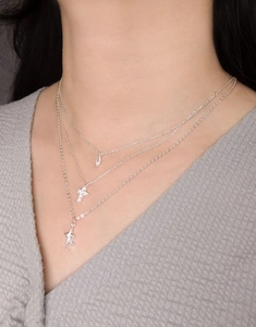 Detailed close-up of layered silver necklaces with zircon drop and star-shaped pendants