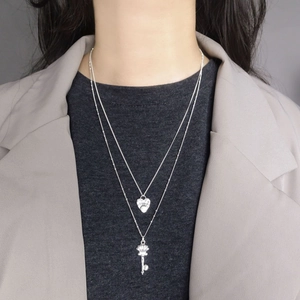 S925 sterling silver heart and key layered necklace with delicate shell fan pendant