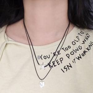 Adjustable black rope double layer necklace with S925 silver heart and starfish pendants