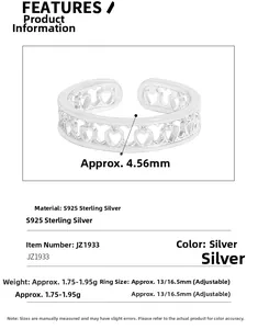 Detail showing S925 sterling silver heart ring dimensions and adjustable open band