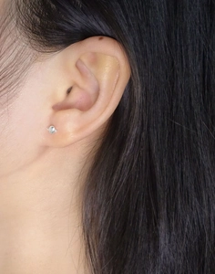 Close-up of S925 sterling silver planet stud earring worn on a model ear lobe